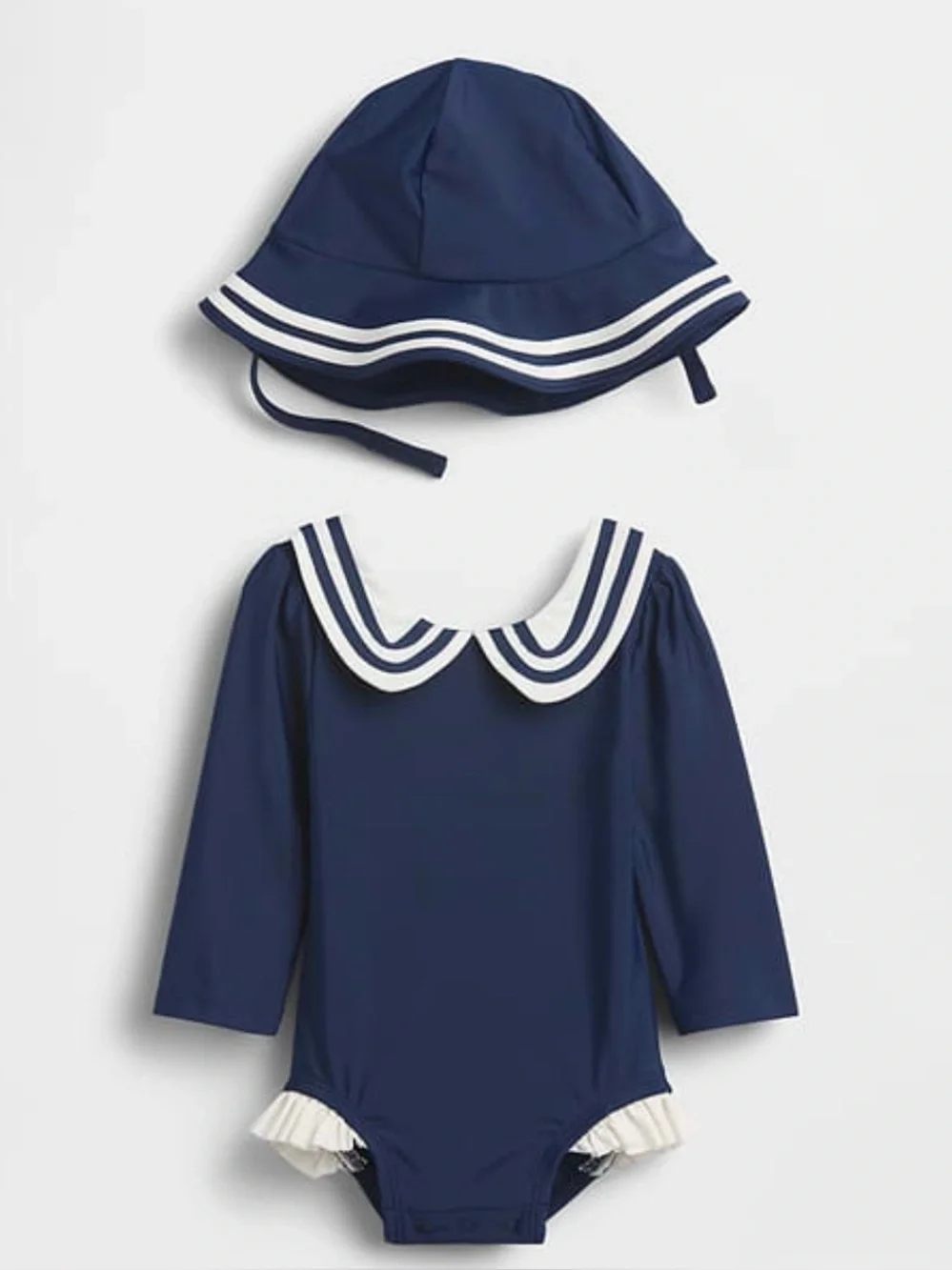 GAP Navy & White Sailor-Style Long Sleeve One-Piece Swimsuit with Hat